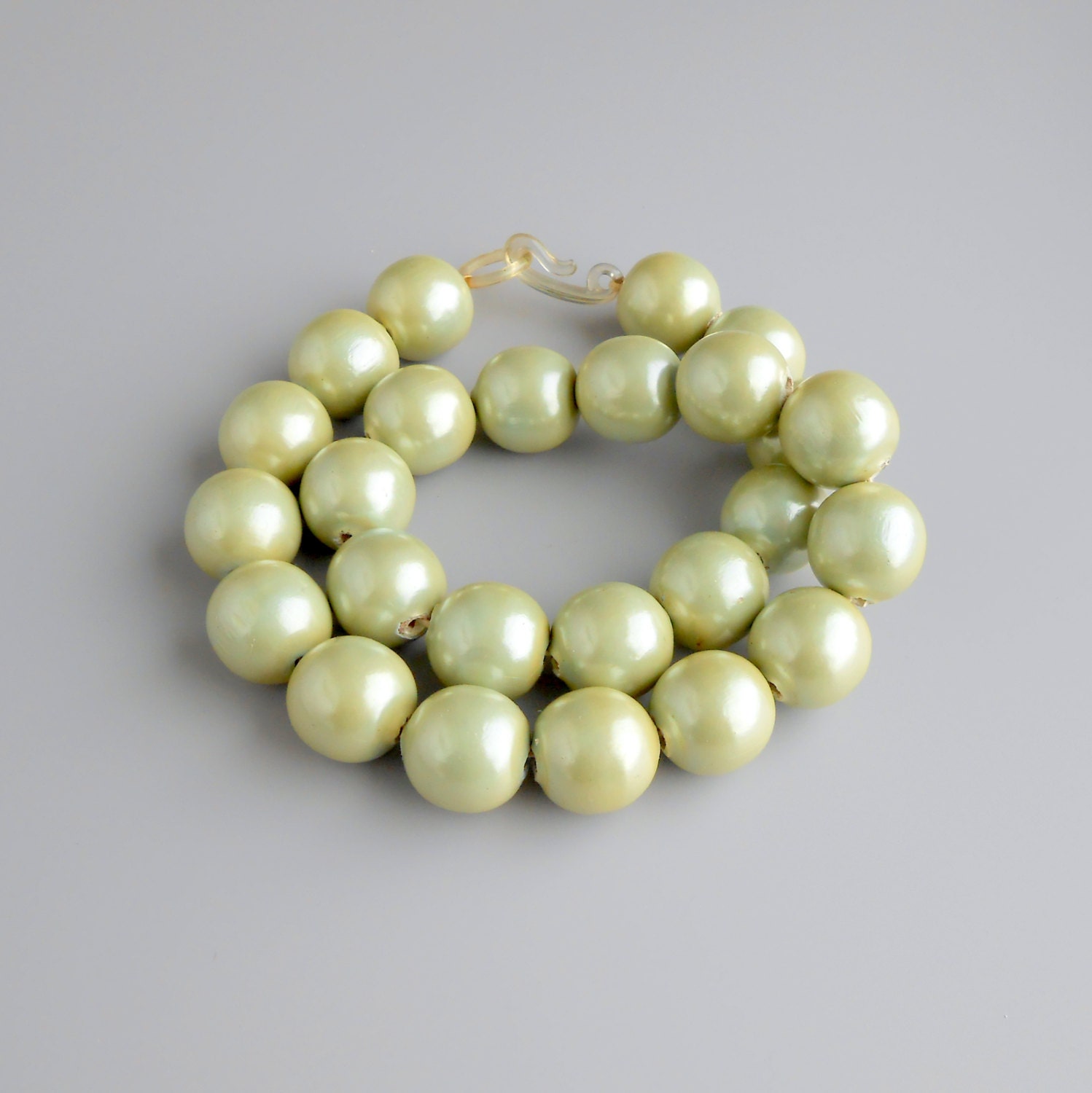Art Deco Necklace.  Painted Wood Faux Pearls. Pale Celadon Green. Chunky Beads.