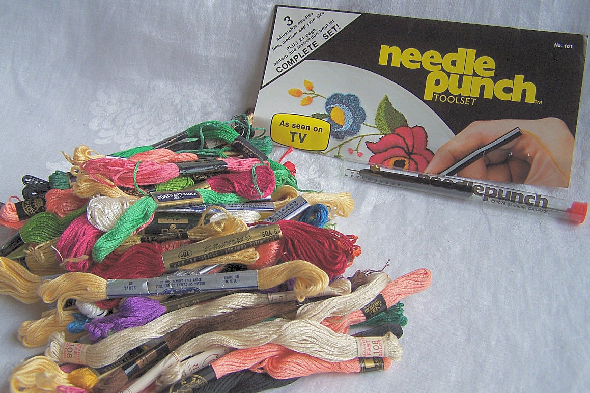 Vintage 1977 Needle Punch Tool Set for Embroidery and lots of Floss