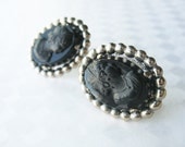 Victorian Revival Cameo Earrings Black Cameo's set in Silvertone with Screw Backs