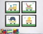Baby Boy Nursery Art Print - Circus Train Wall Art, Circus Elephant, Lion, Giraffe, Jungle Animal Decor