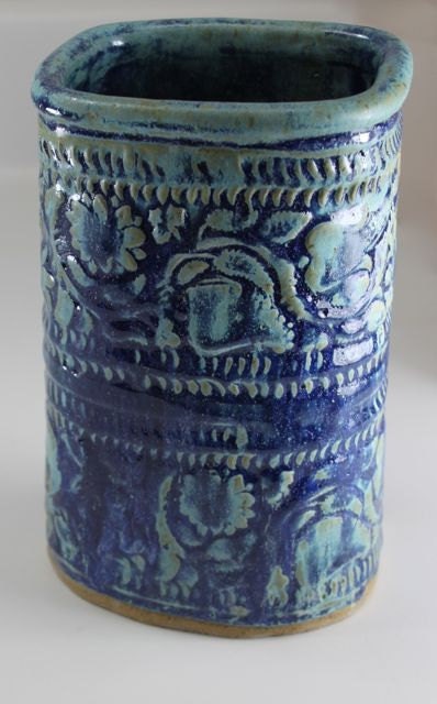 Ceramic Vase Patterned in Electric and Mossy Blue - READY TO SHIP