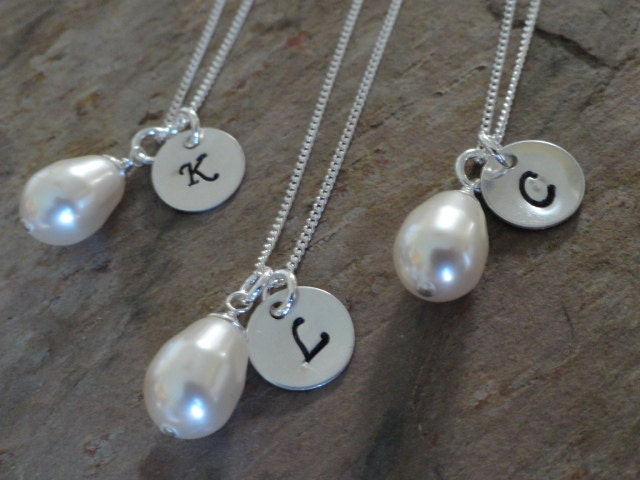 Set of 3 Bridesmaid Necklaces - Wedding Jewelry - Initial Charm Necklace - Pearl Bride Jewelry - Sterling Silver - Handstamped Necklace