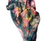 Emerald green shawl scarf  paint by hand.Spring Pink Tulips on emerald hand painted scarf. Luxury silk scarf. Mothers day gifts.Silk Dye.