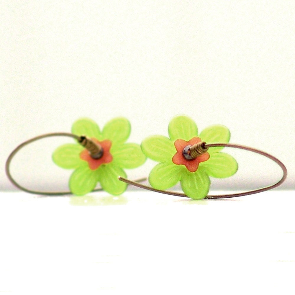 Watermelon Flower Modern Wire Earrings -Pink Green Lucite