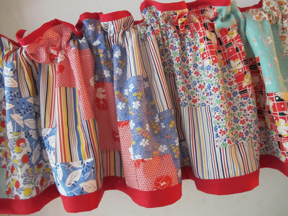 40s 50s Cotton Prints Valance, Upcycled Vintage Fabrics, Retro Kitchen Curtain, Patchwork Textile