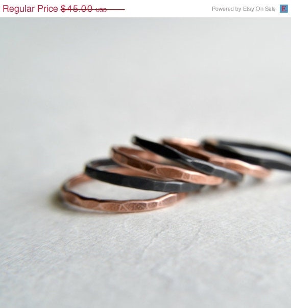 SALE 20% off Stacking rings, six copper rings, hammered texture, minimalist, raw and black copper - Desperado