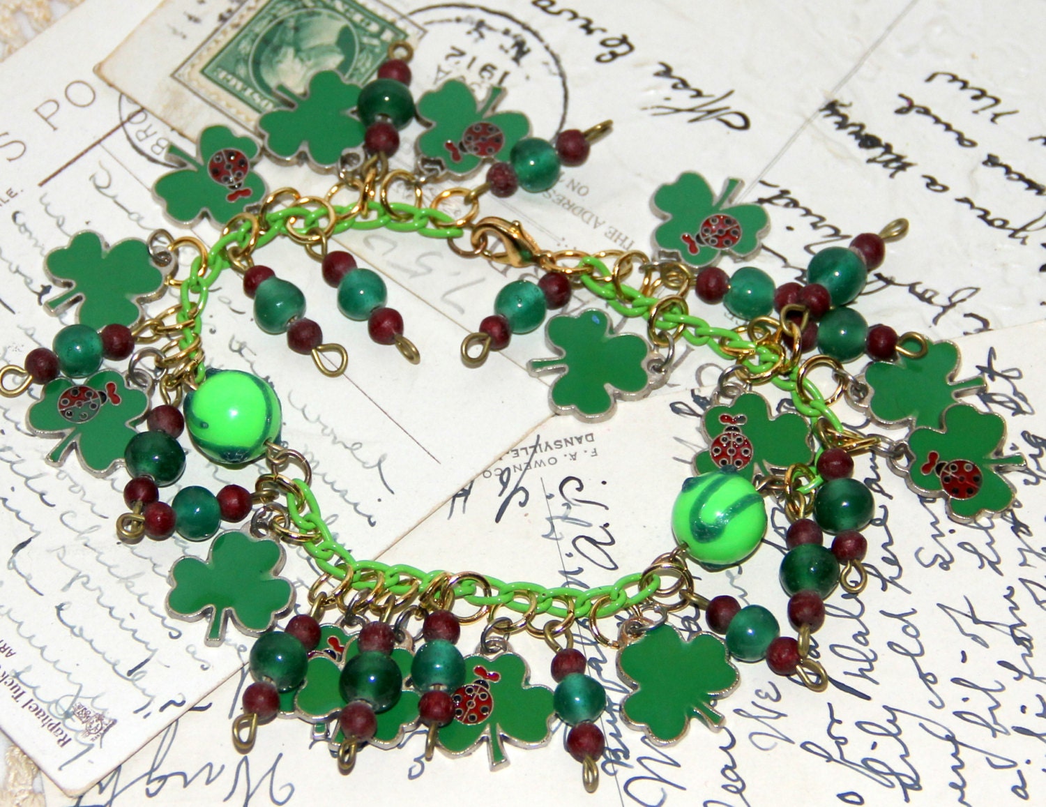 St. Patricks Day Charm Bracelet  - Mega - Recycled - Shamrocks - Green
