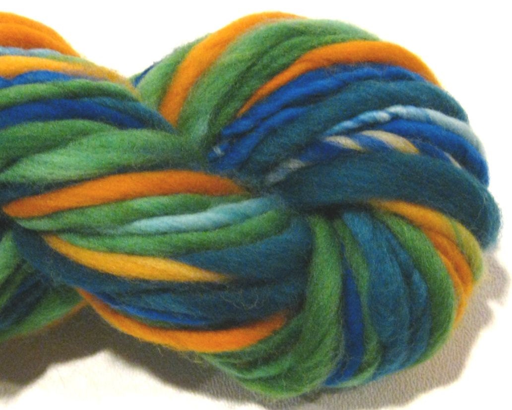 Bulky Thick and Thin Handspun Yarn Landscape 50 yds blue green orange hand dyed merino wool waldorf doll hair knitting supplies