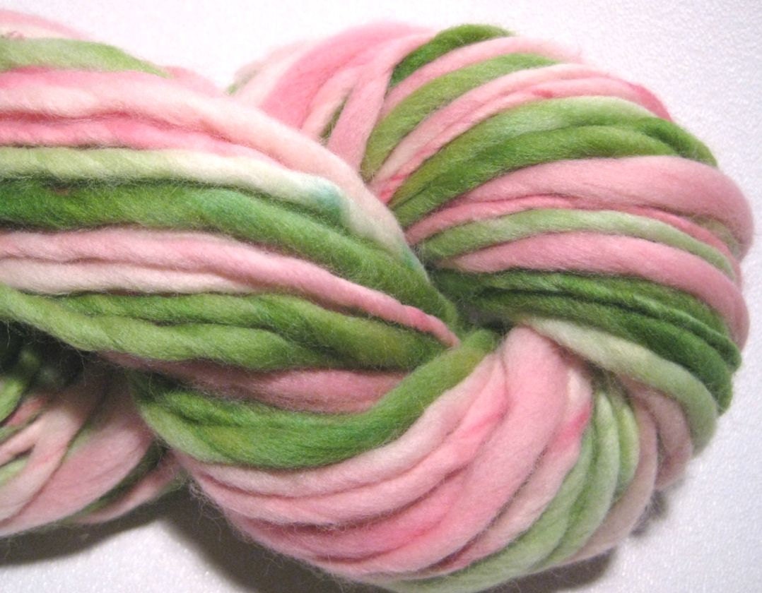 Handspun Yarn Tip Toe Through The Tulips 58 yds pink green yarn hand dyed merino wool waldorf doll hair knitting supplies
