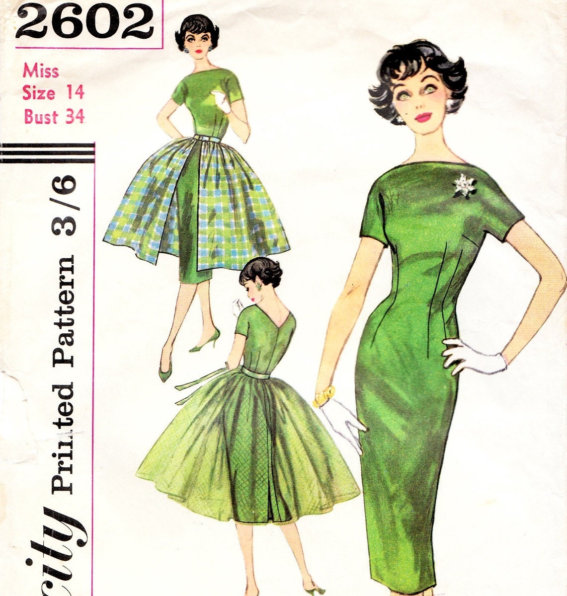 Vintage 1950s wiggle dress sewing pattern - Simplicity 2602 - bust 34 - MISSING FACING PIECES