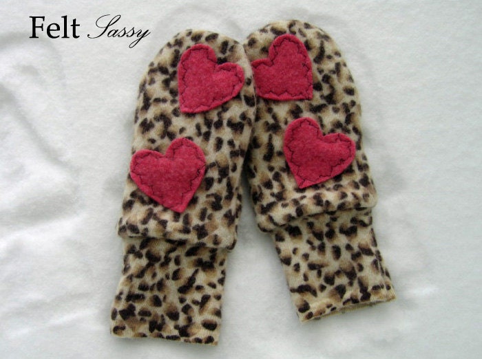 Women's Felted Mittens - Pink Heart Leopard - Fully Lined - Recycled Wool Sweater - by FeltSassy