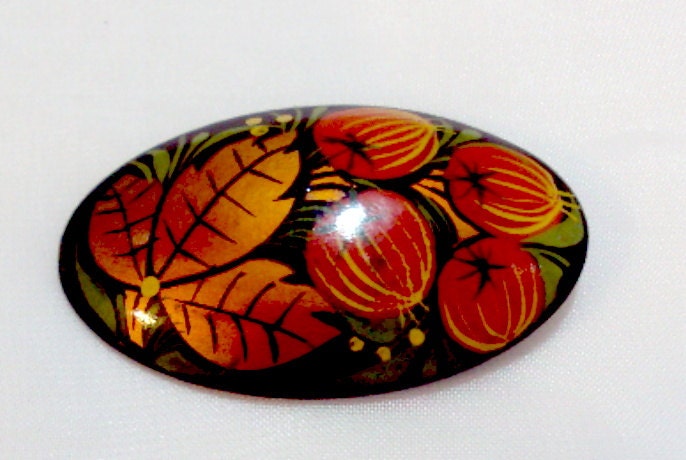 Russian Painted Wooden Pin with Pumpkins and Leaves