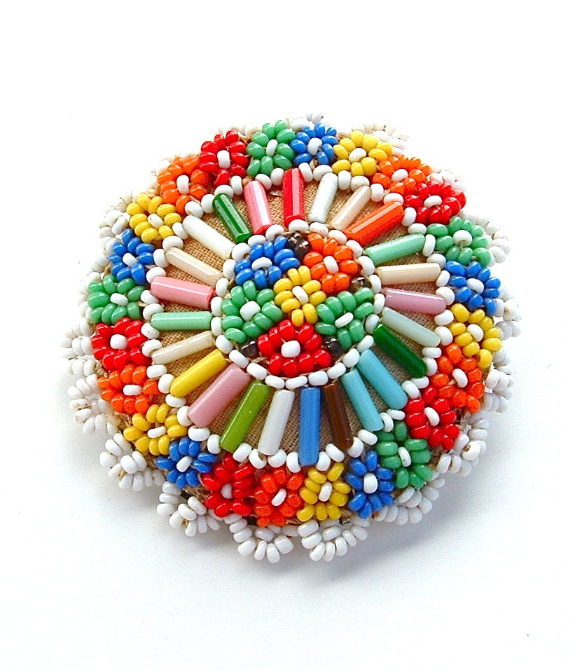 Vintage Handmade Beaded Brooch Colorful Seed Bead Lace Style Jewelry Beadwork Circle Pin, FREE US SHIPPING