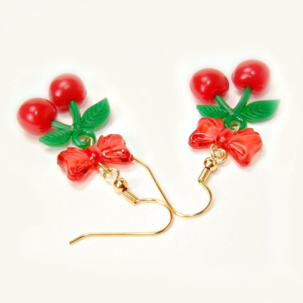 Cute Retro Rockabilly Sweet Lolita Cherry Red Bow Earrings Burlesque Silver Gold Jewelry