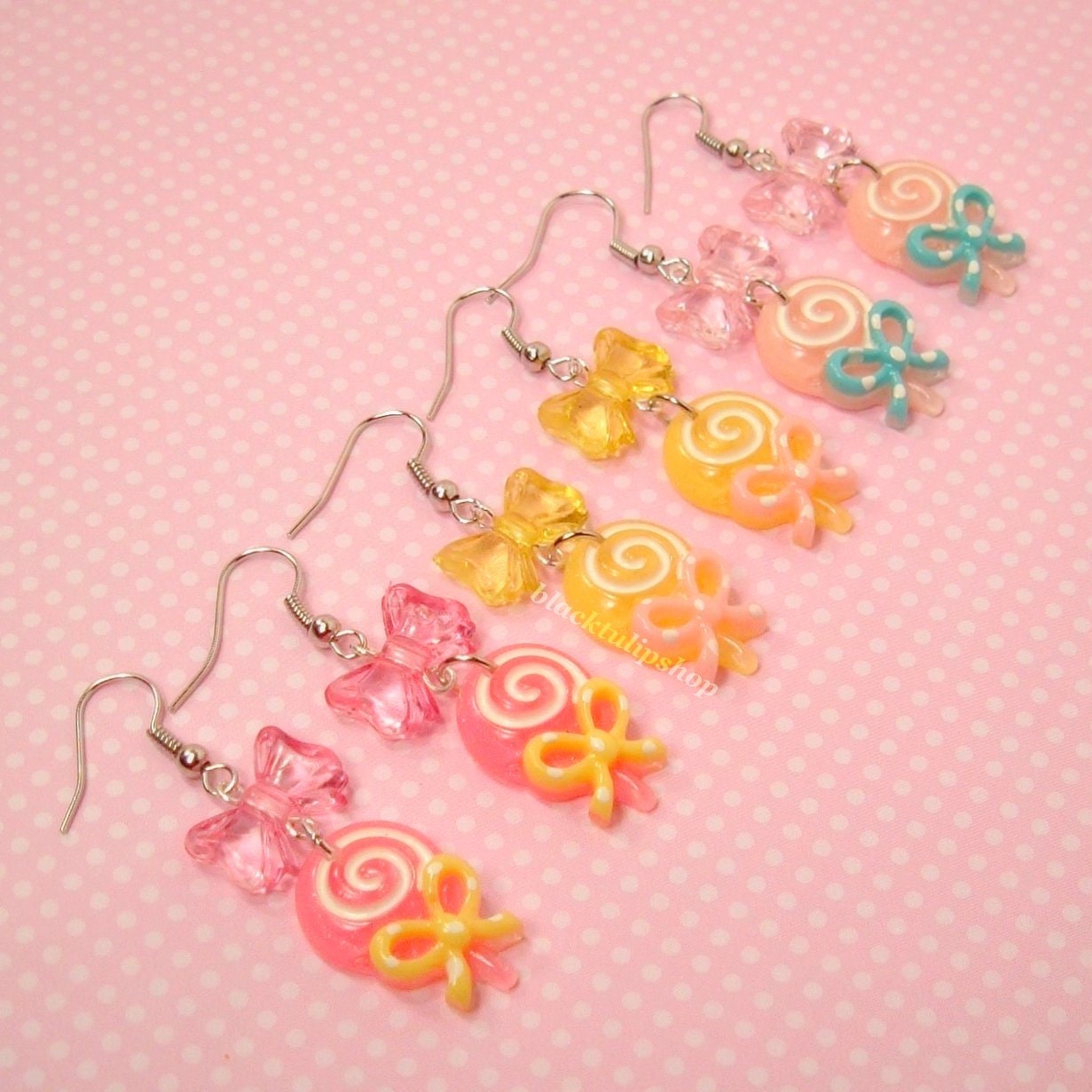 Kawaii Sweet Lolita Fairy Kei Earrings Glitter Lollipop Candy Polka Dot Bow - Choose Your Color