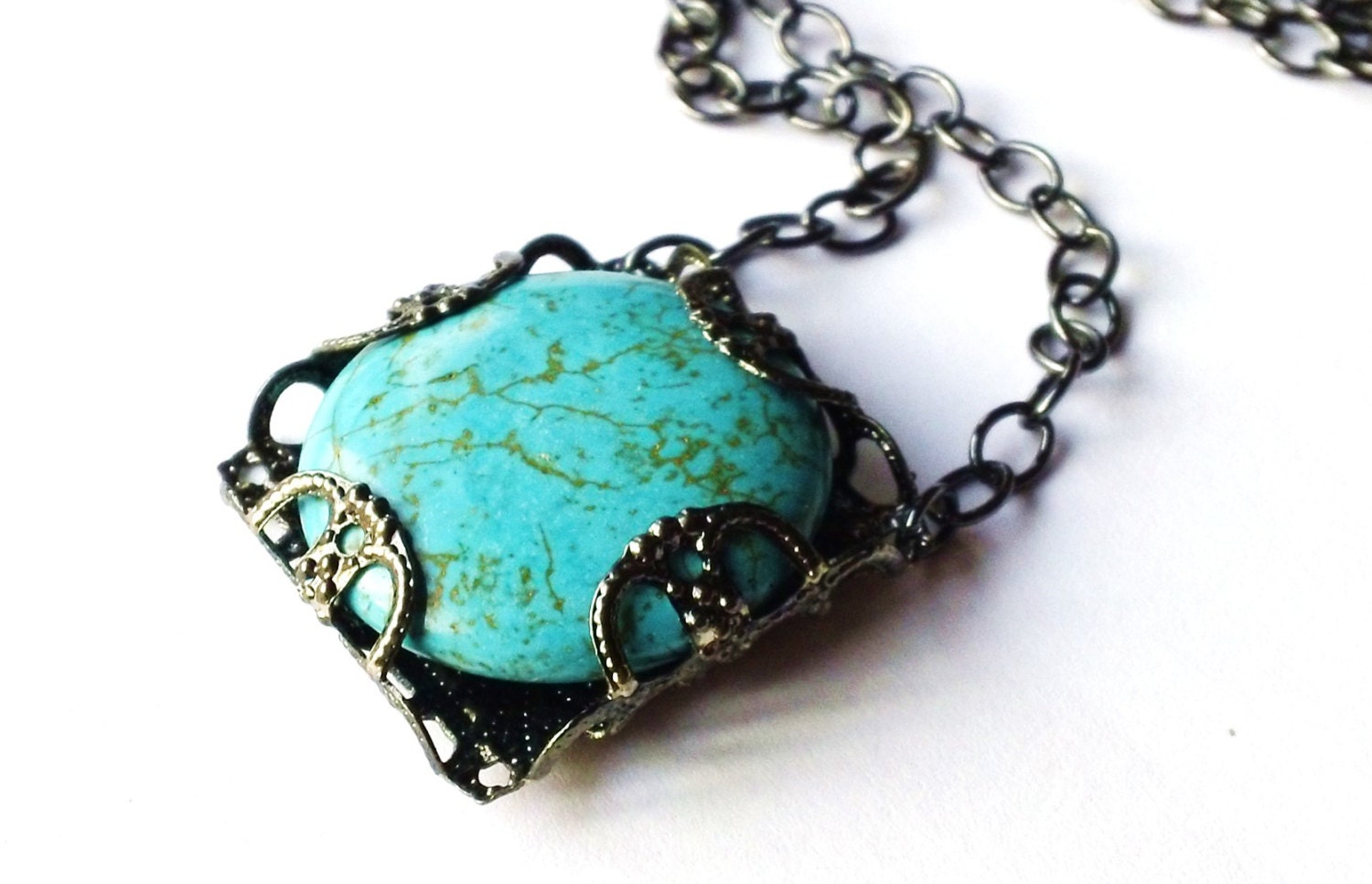Reversible Vintage Style Genuine Stone Turquoise Pendant Necklace in Blackened Silver - 20"