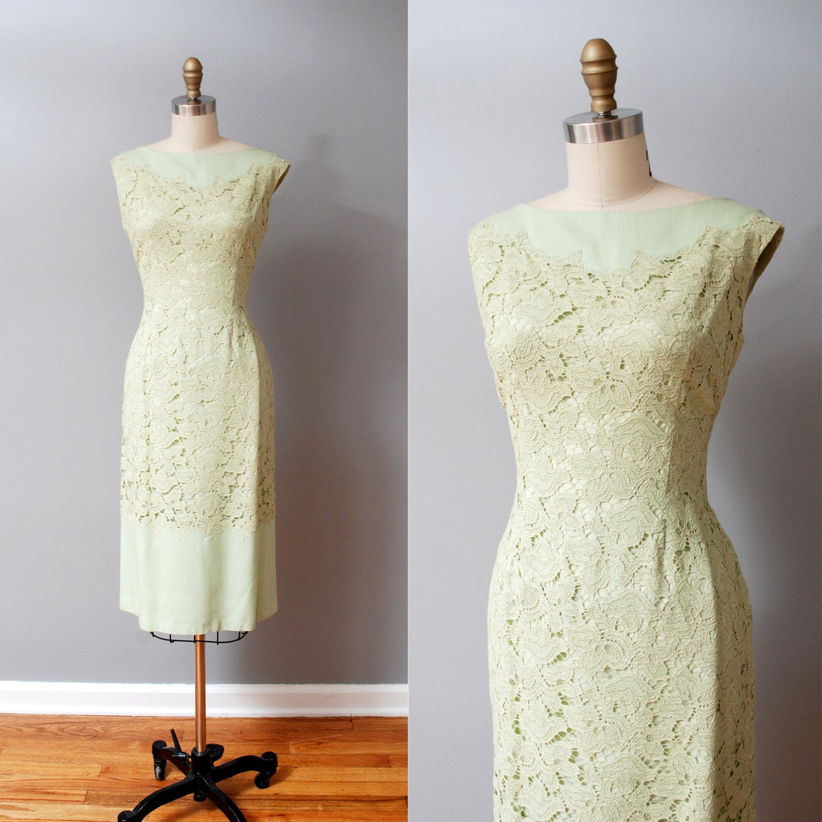 1950s Dress - Sage Lace Illusion 50s Wiggle Dress