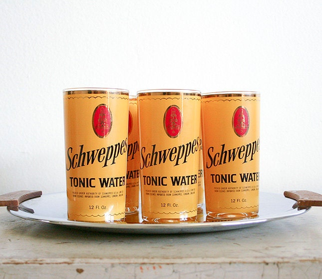 Vintage Cocktail Glasses / NOS / Mid Century Barware / Schweppes Tonic Water