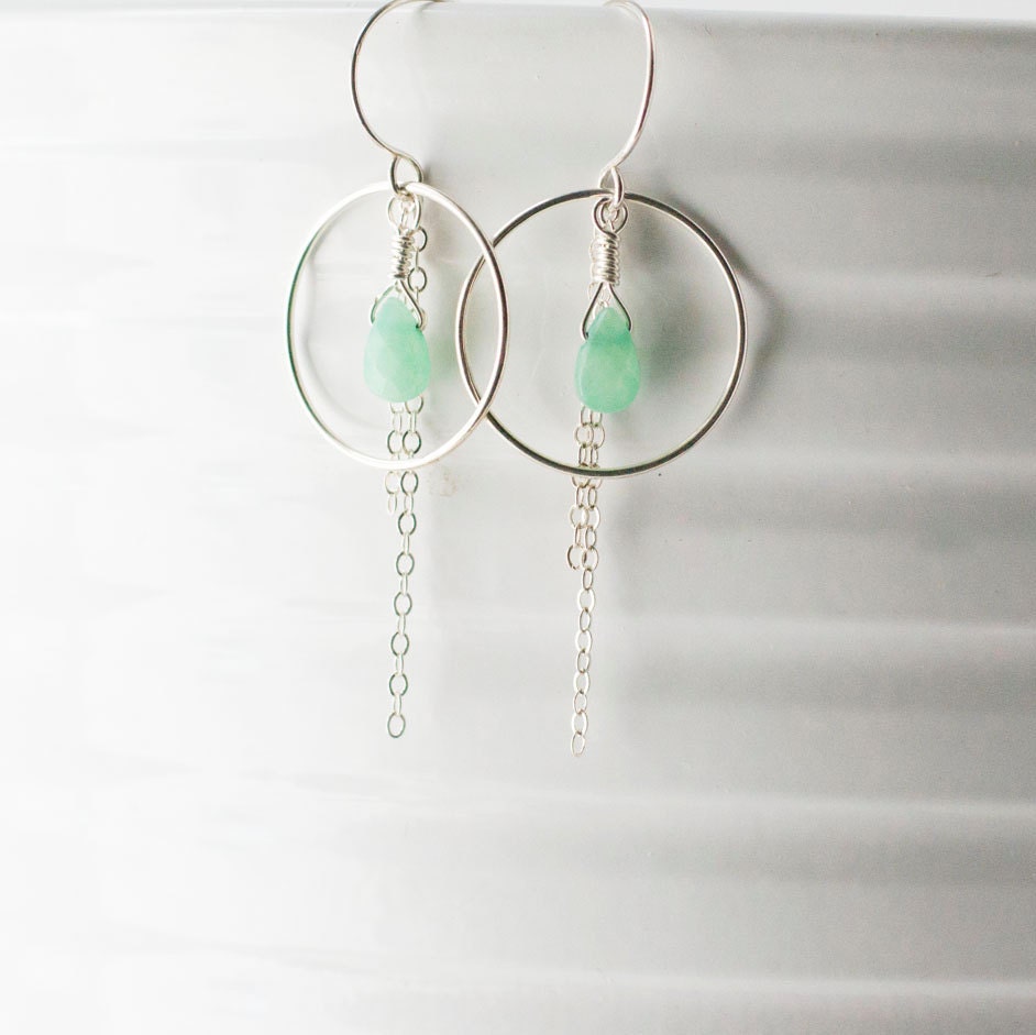 Green Hemimorphite Briolette, Sterling Silver Chain and Link Dangle Earrings