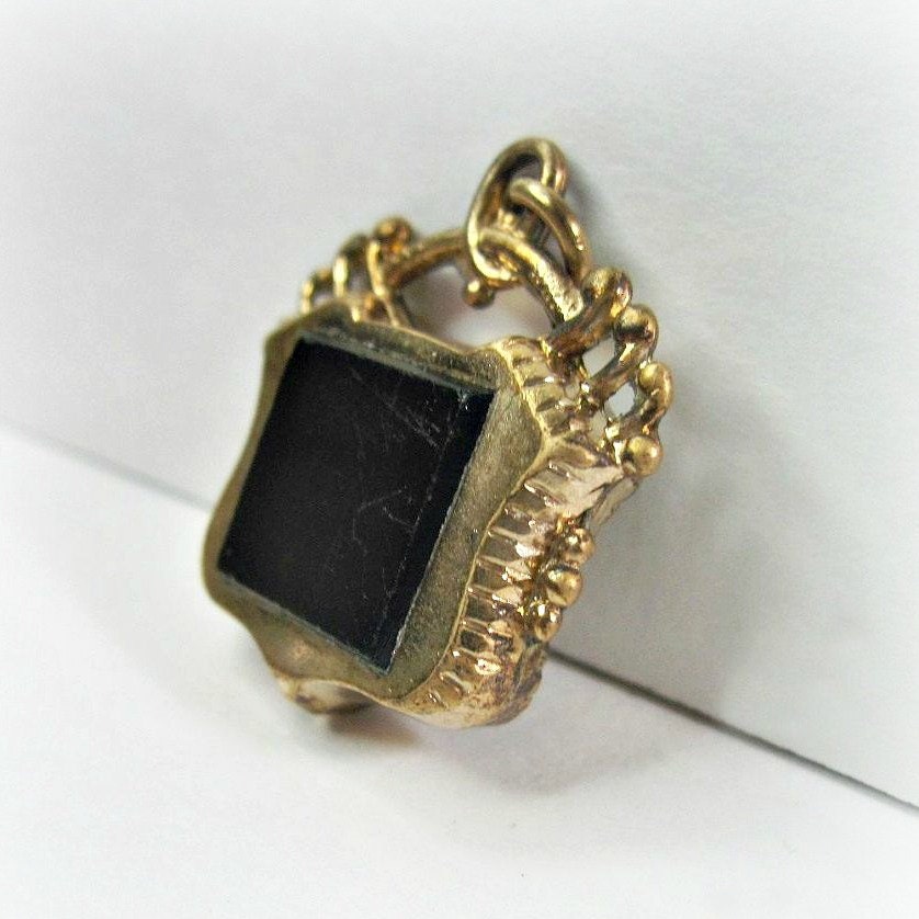 Antique Victorian Fob - Pendant -Charm - Black - Citrine - Front Back - Shield - 1880s