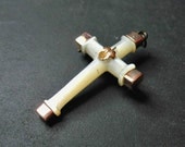 Small Antique Victorian Cross - Pendant - Brooch - Mother of Pearl - Gold Filled - Leaf - 1870s