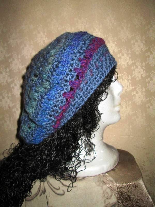 Fun & Funky Crochet Wool Slouchy Beanie -Dreads Hat - Blue, Green, Purple - Lacy Pattern - Hand Crocheted