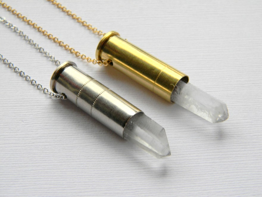 Clear Quartz Bullet Shell Necklace - Clear Quartz Point Necklace - Bullet Necklace - 38 Special Caliber Casing