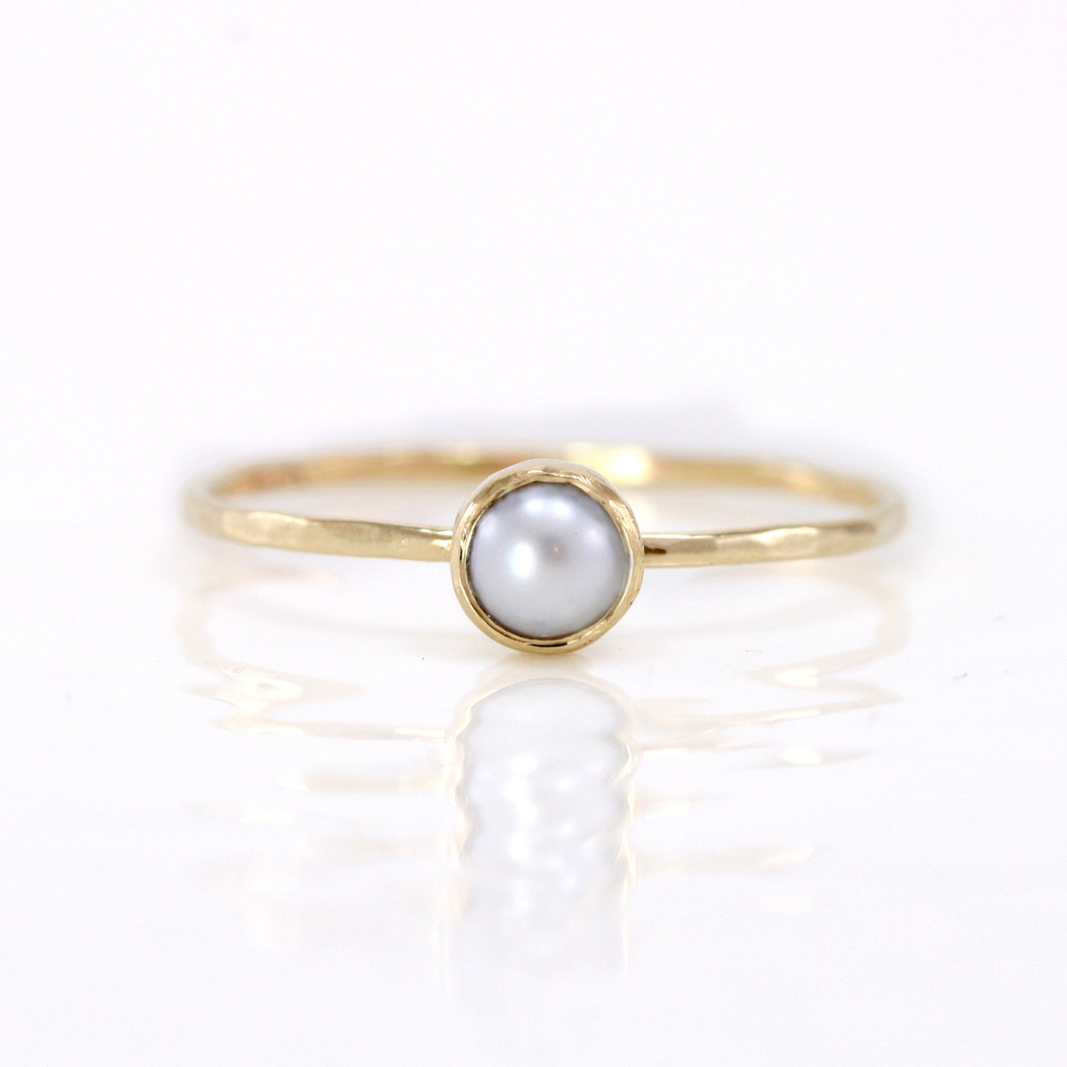 Pearl Ring - White Akoya Pearl and 14k Gold Stacking Ring - Stackable 14k Gold Ring with bezel set white Japanese Akoya Cultured Pearl