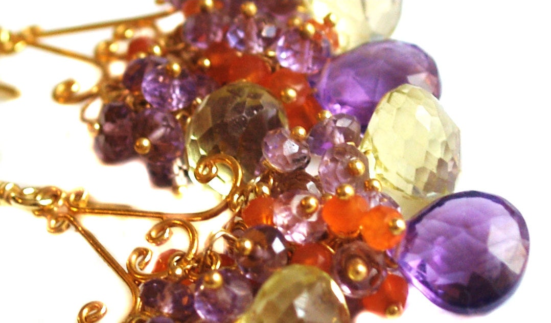 Amethyst Earrings, Lemon Quartz Earrings, Carnelian Chandelier Dangle Earrings In Gold Vermeil. Statement Bollywood Jewelry