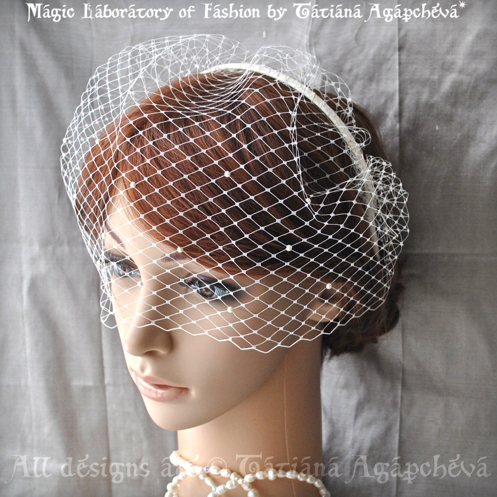 Russian Veil Headband Pearls Ivory Wedding, READY TO SHIP 2013, TianaHE