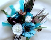 Turquoise Teal blue brown Peacock destination Wedding accessories Bridal Bouquet Grooms boutonniere ivory artificial flowers mermaid truffle