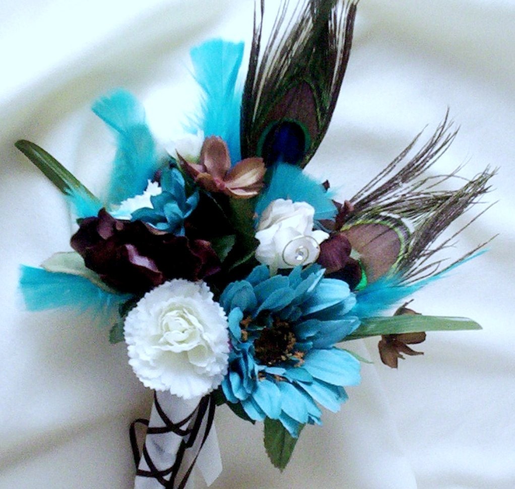 Turquoise Teal blue brown Peacock destination Wedding accessories Bridal Bouquet Grooms boutonniere ivory artificial flowers mermaid truffle