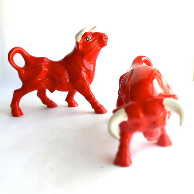 Pair of Red Ceramic Bulls
