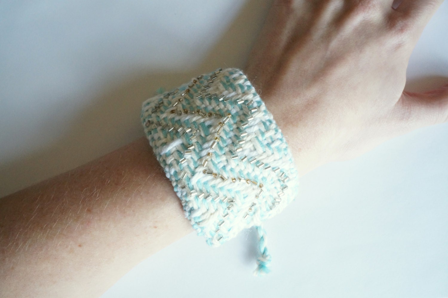 Handwoven Aqua and White, Beaded Chevron Cuff Bracelet