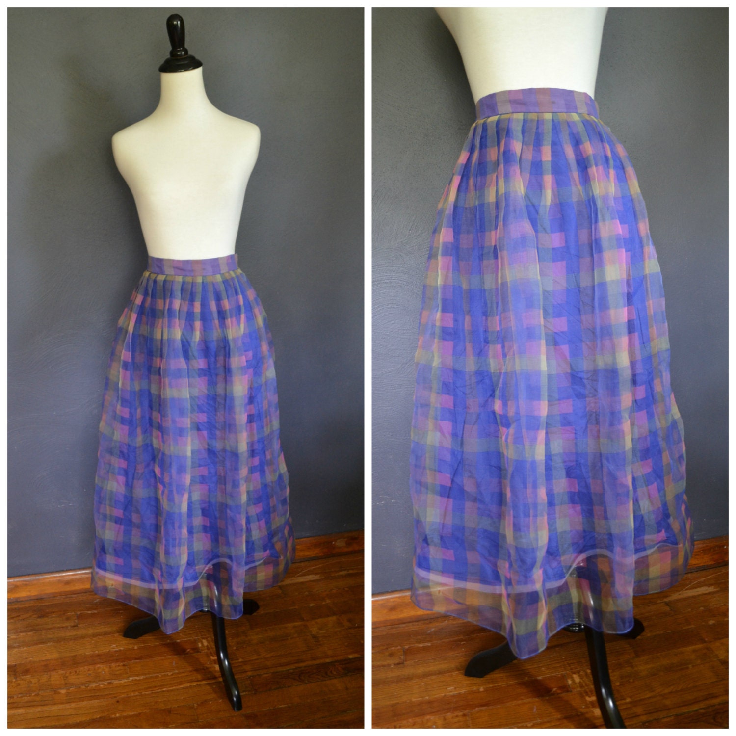 1960s Plaid Tulle Maxi Skirt / Full Circle Skirt with Sheer Overlay / size medium