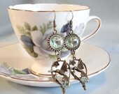 hummingbird earrings, swarovski crystal, light green aquamarine, shabby chic chandelier Fountain of Youth