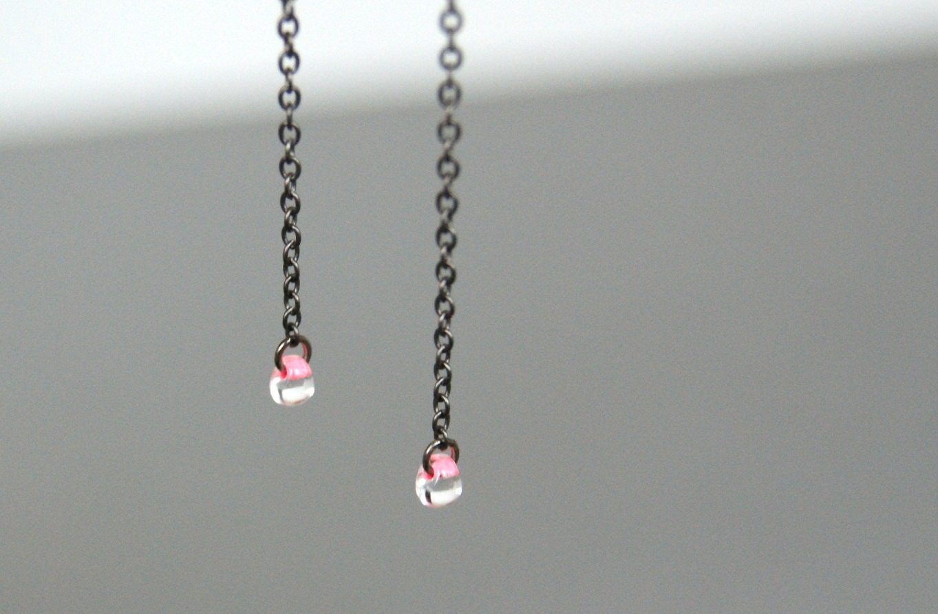 Long Neon Pink Bead Earrings - Glass, Matte, Gray, Gunmetal
