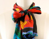 1980s Liz Claiborne Black Floral Silk Scarf