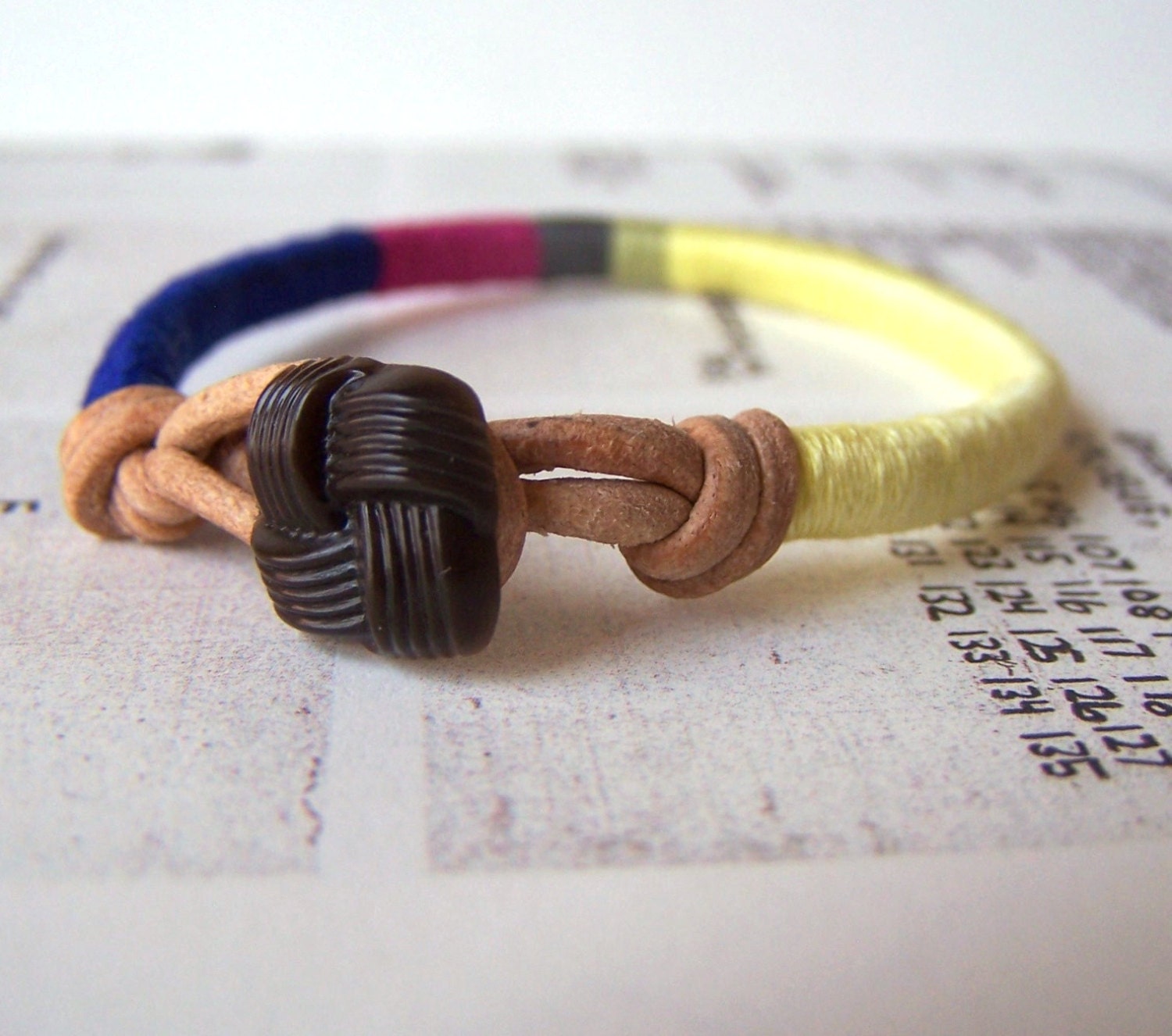 COOPER bracelet - textile and leather with vintage button closure (royal fuschia ash celery lemondrop), handmade jewelry