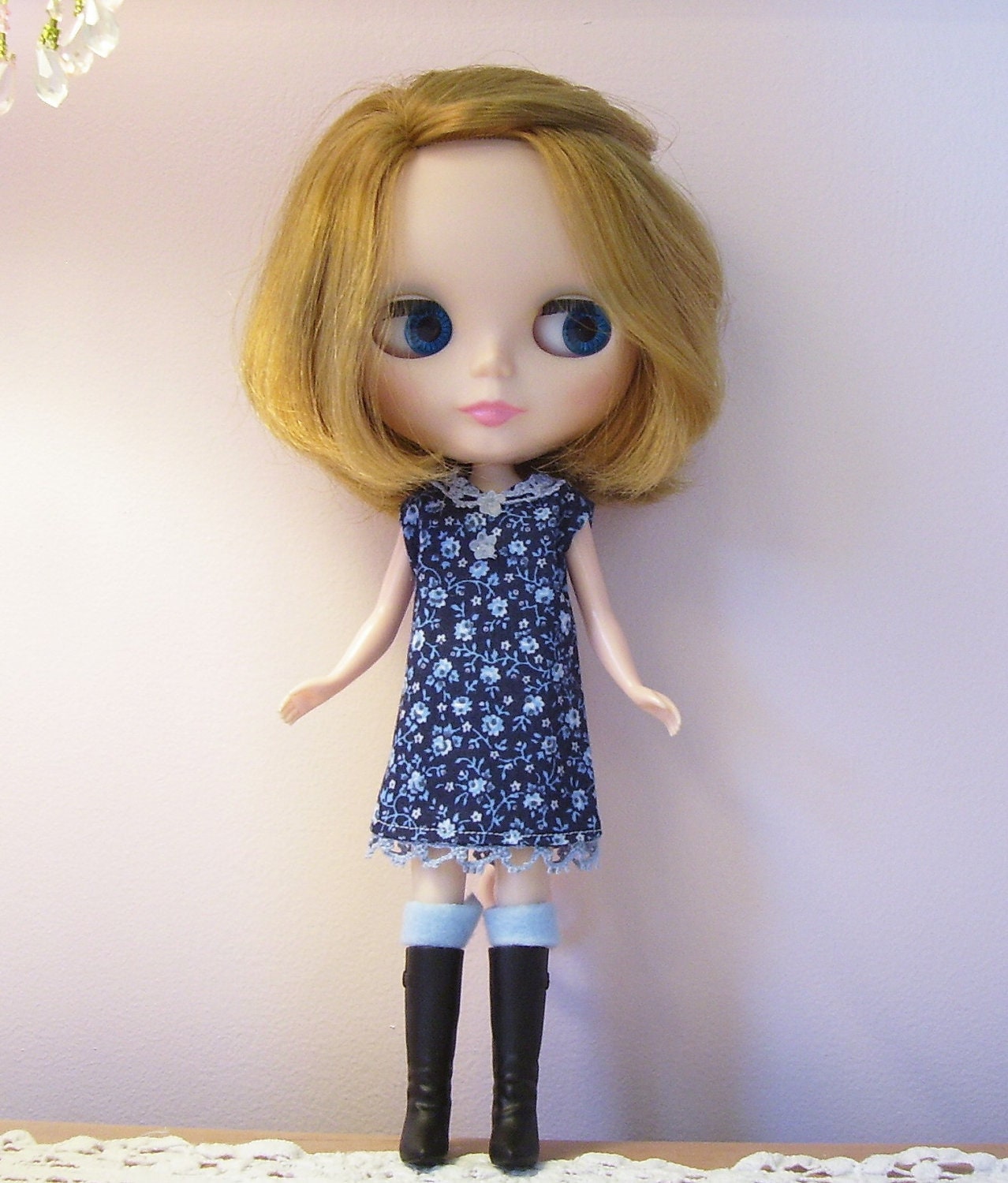 Blythe Dress...Navy and Pale Blue...Vintage Tatting Trim
