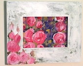 Garden Nature Art Farmhouse Cottage Pink Flower Original Painting in Shabby Chic Frame