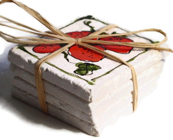 Painted Stone Coasters Tumbled Travertine Natural Marble Strawberries