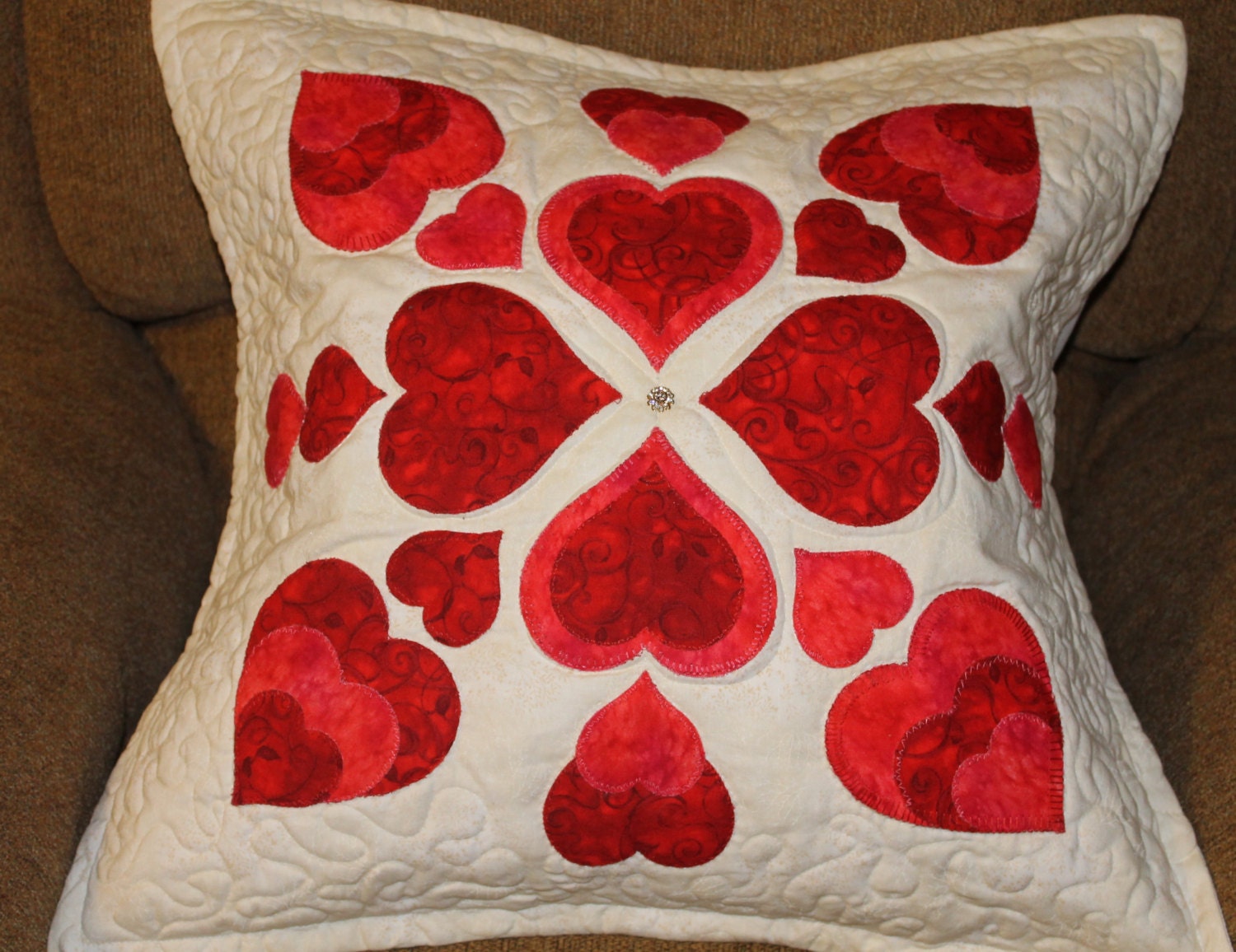 Quilted Hearts and Crystal Pillow Cover