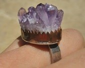 Rustic Amethyst Druzy Copper and Sterling Silver Ring 925- Rough Raw Rugged Stone Finger Jewelry Size 6 6.5 7