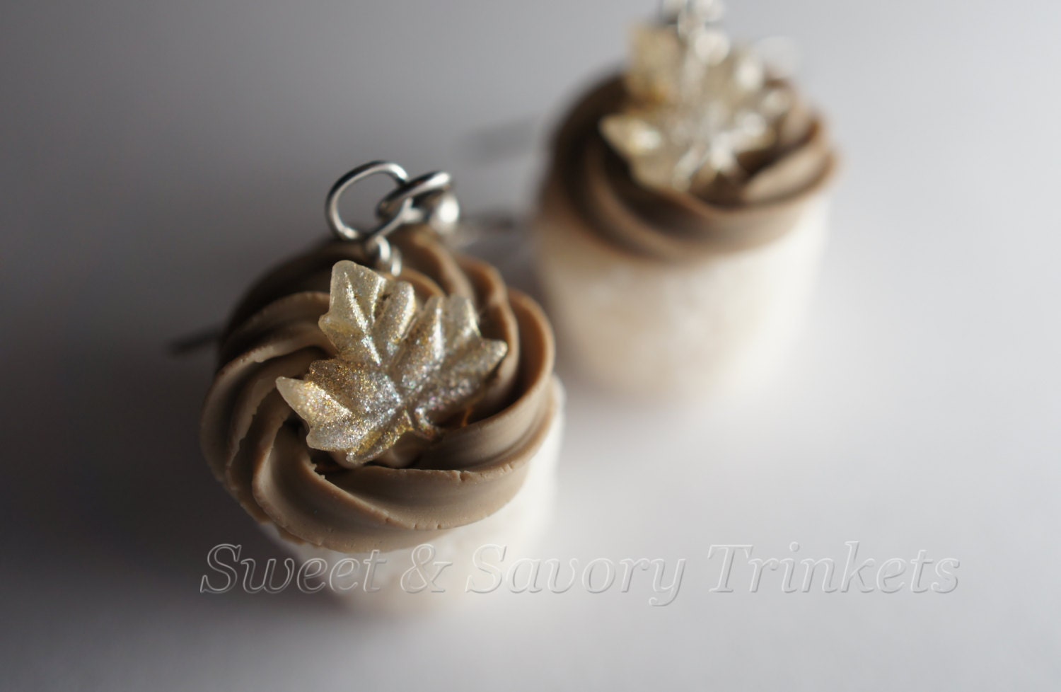 Fall Leaf Cupcake Dangle Earrings, Miniature Food Jewelry, Polymer Clay Food, Surgical Steel Cupcake Earrings
