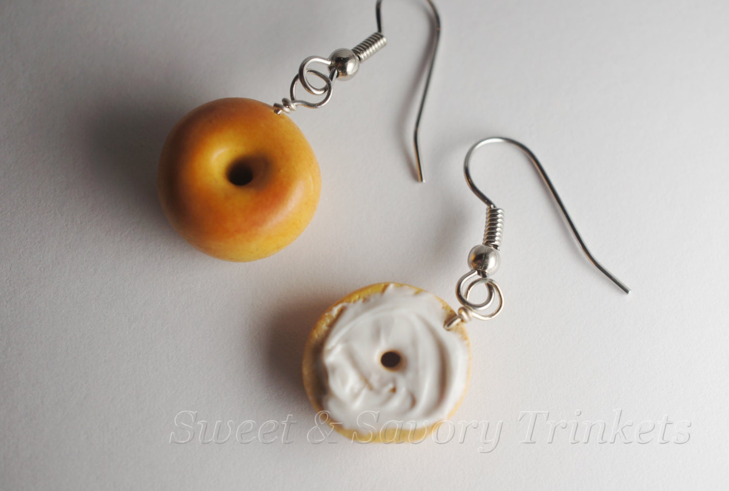 Bagel and Cream Cheese Earrings, Miniature Food Jewelry, Polymer Clay Food Earrings