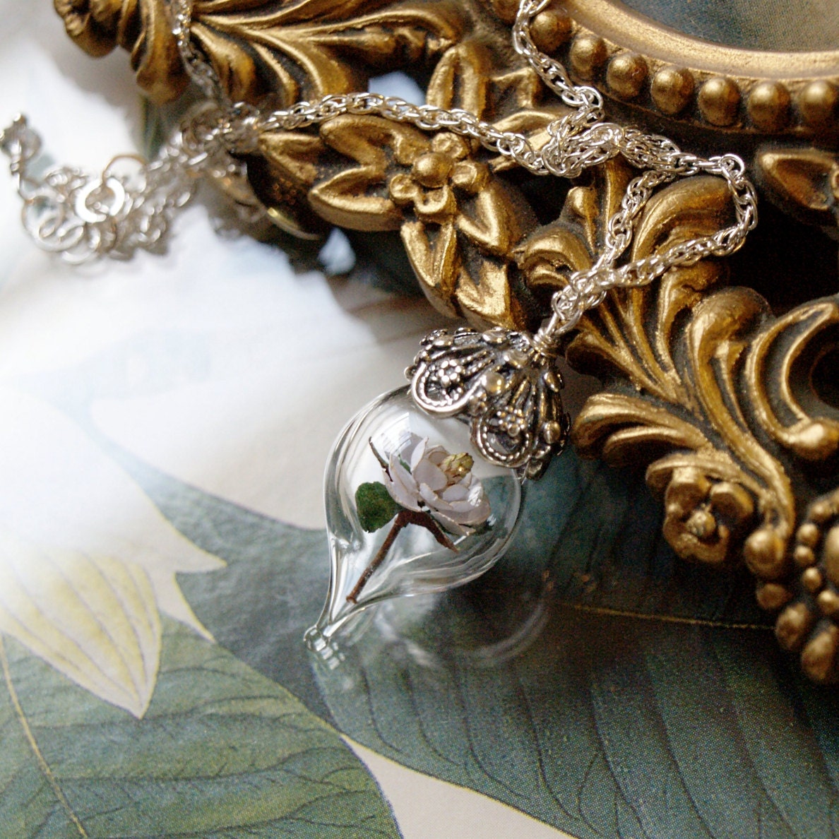 White Magnolia Blossom Flower Glass Vial Terrarium Necklace by Woodland Belle