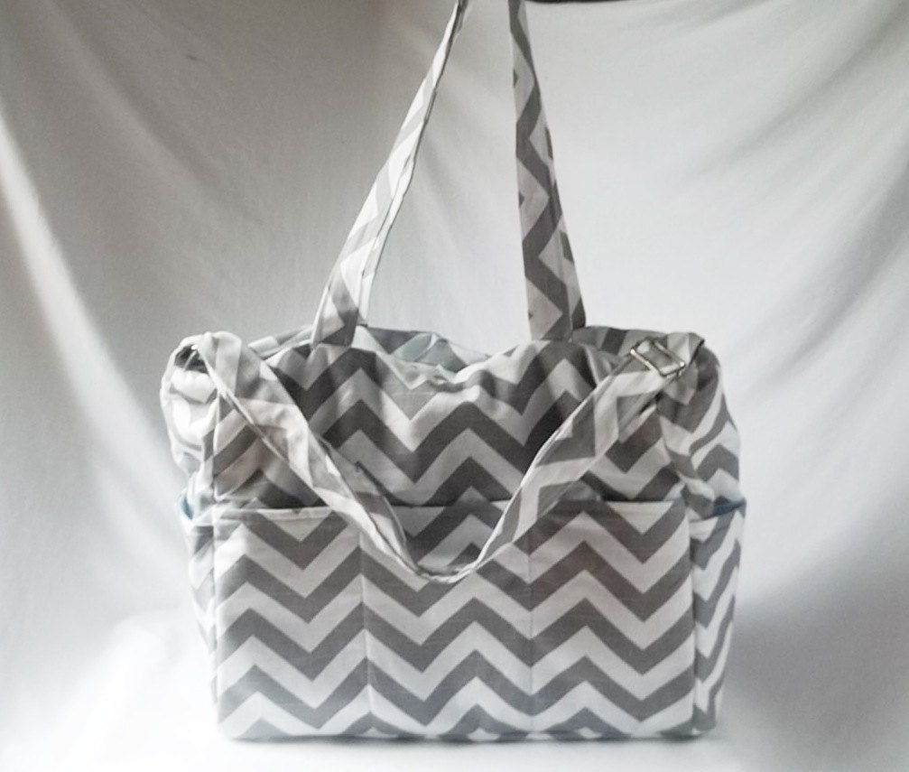 Chevron diaper bag with zippered closure - Grey chevron baby bag - zig zag medium weekender -Made to Order