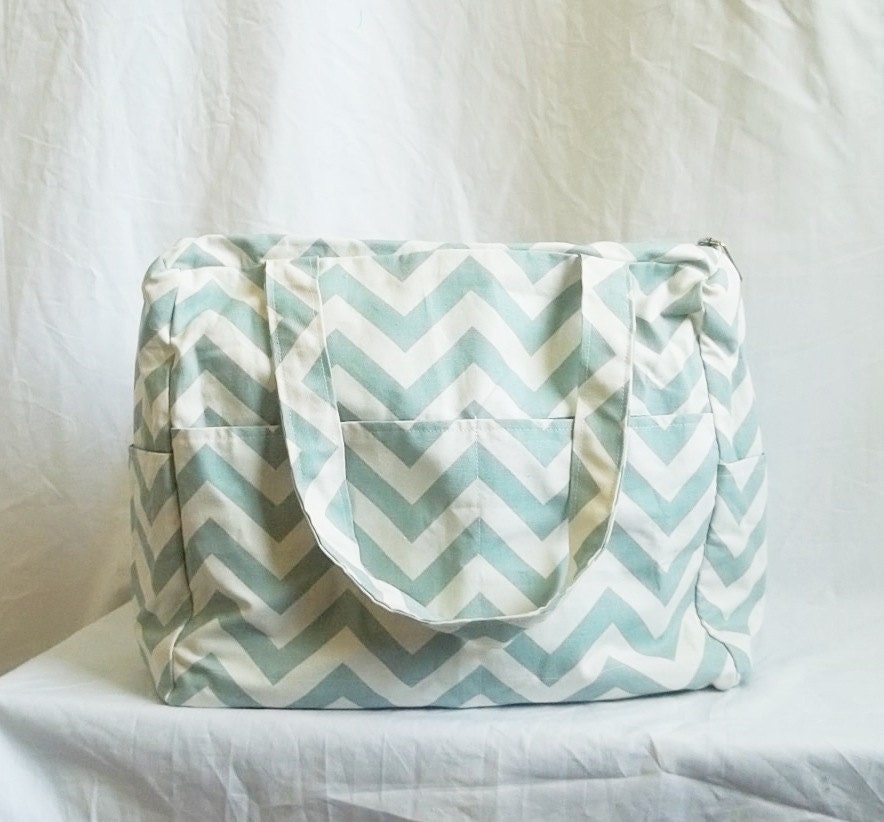 READY TO SHIP - Chevron diaper bag with zippered closure - Natural Blue chevron baby bag - zig zag Large weekender