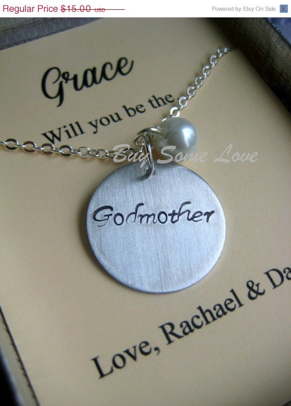 30% SALE Godmother, Handstamped Necklace. Other Color Pearl Available. FREE Notecard Jewelry Box.